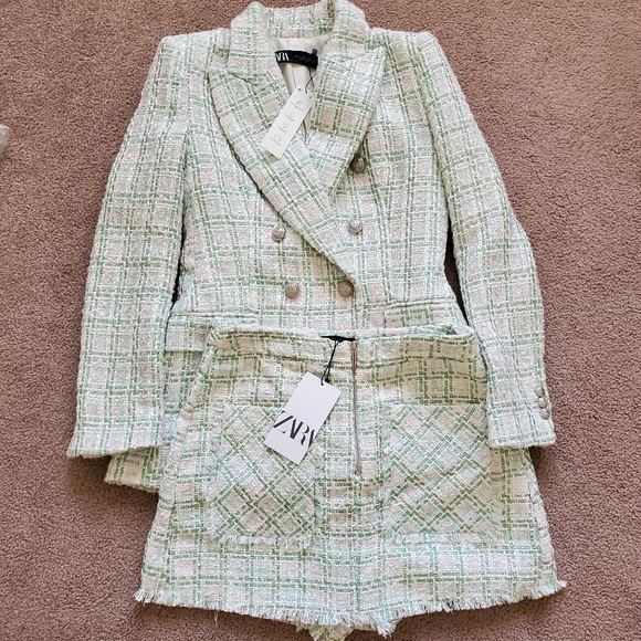 ZARA Set Double Breasted Textured Weave Tweed Jacket and Skort - Picture 14 of 15